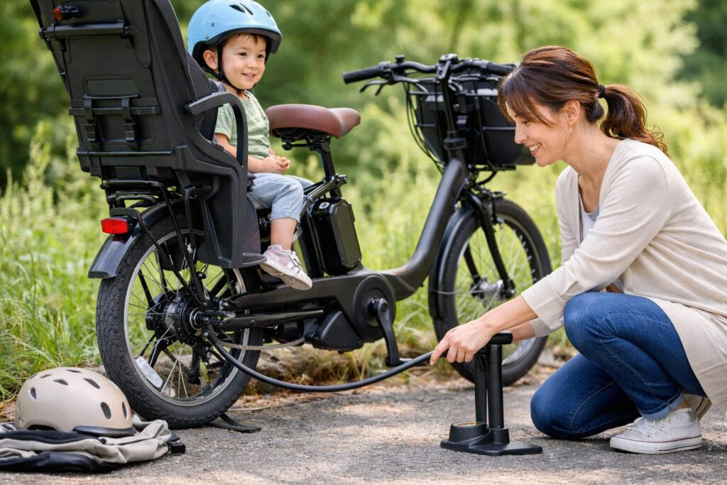子乗せ家庭向け電動自転車の空気入れ頻度のイメージ画像