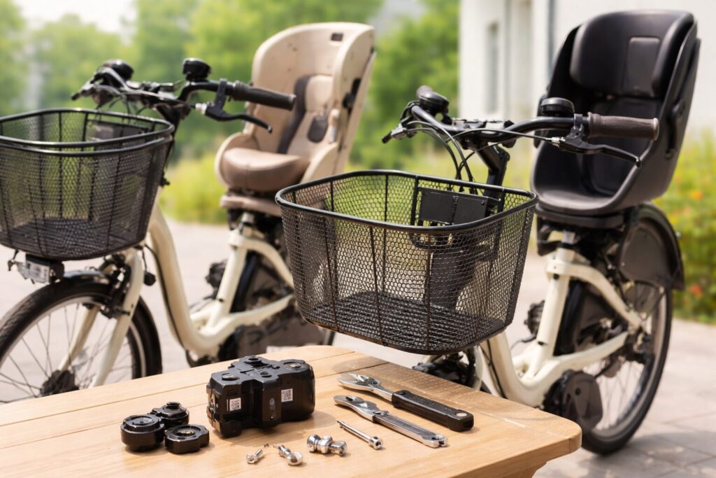 前カゴの後付けと必要部品のイメージ画像