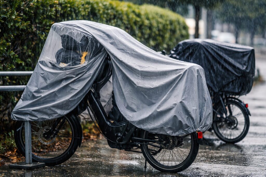 雨ざらしの駐輪場と防水対策のイメージ画像