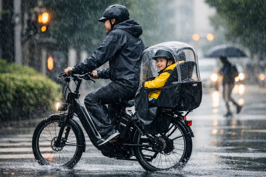 電動自転車の雨の日走行と安全のイメージ画像