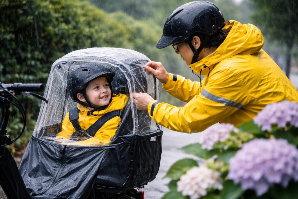 梅雨時期の注意点と子乗せ対策のイメージ画像