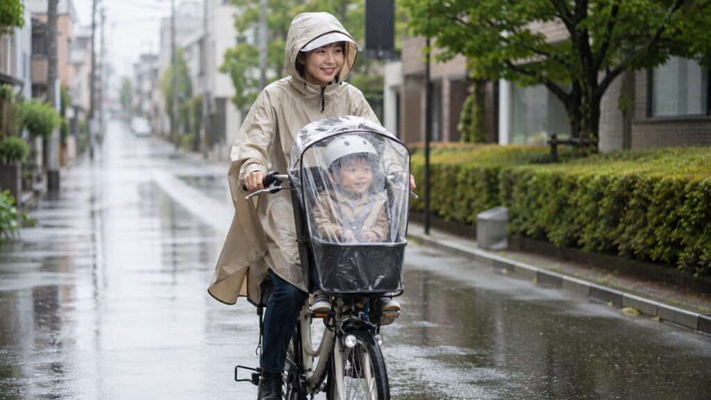 雨の日も快適に走る自転車ママの工夫のイメージ画像