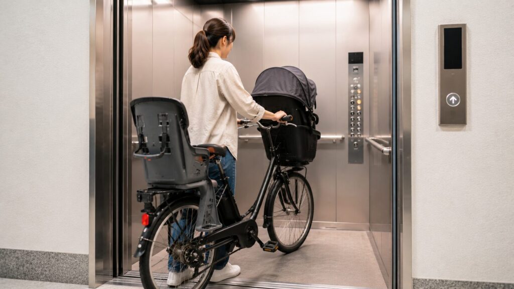 子乗せ自転車とエレベーターのイメージ画像