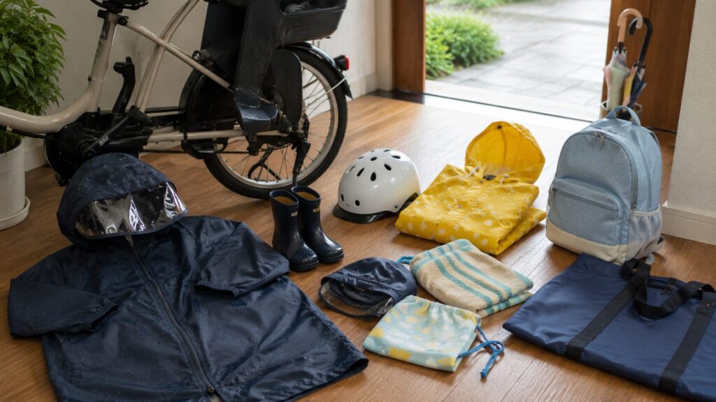 保育園の自転車送迎、雨の日の準備のイメージ画像